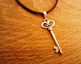 Sterling Silver Key Pendant with Leather and Sterling Silver Necklace