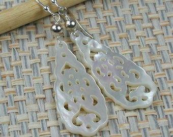 White Mother of Filigree Teardrop with Sterling Silver Dangle Earrings