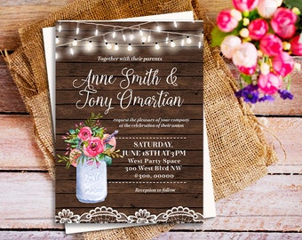 Country Rustic Wedding Invitations, Barn Wood rustic wedding invitations, Country Invitation, String Lights wedding invitation, mason jar