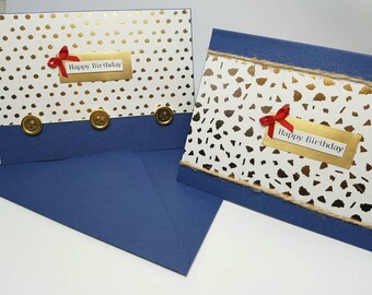 Handmade birthday cards / Assortment / 4pk / blue, white and gold metallic