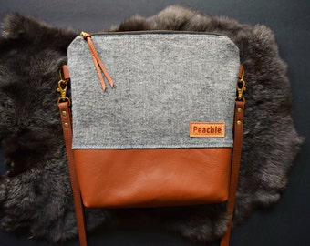 Grey herringbone crossbody bag, genuine leather crossbody purse, fall crossbody purse, fall crossbody bag, grey crossbody bag