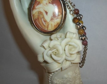 Alphonse Mucha Lady Locket Necklace with Moukaite Gemstone beads