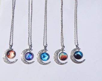 Galaxy Moon Necklace, Galaxy Necklace, Crescent Moon Necklace, Moon Galaxy Necklace, Moon Necklace, Galaxy Pendant, Nebula Necklace, Galaxy