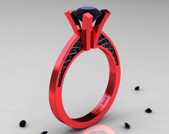 Modern Armenian 14K Red Gold Black Gold Lace 1.0 Ct Black Diamond Solitaire Engagement Ring R308-14KREGBGBD