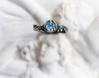 Engagement White Gold Rainbow Moonstone Ring "Amore". Natural Moonstone, Wedding Ring, Gentel Ring,Branch Ring, MADE TO ORDER