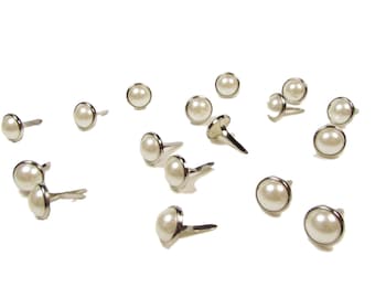 100 Round PEARL 8mm Brads For Crafts & Scrapbooking Light Ivory With Silver Surround