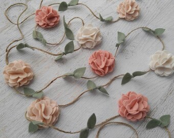 Wool Felt Flower Garland -Wall Hanging - Home Decor - Nursery/ Wedding Decoration - Vintage Pink, Wheat and Ecru - or choose custom colors