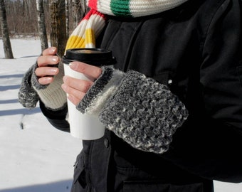 Warm Grey And White Convertible Mittens, Mittens With Fleece, Hand Knit Mittens, Woman Mittens, Wool Mittens, Winter Mittens, Free Shipping