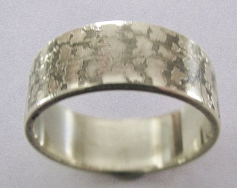 Gold Nugget Ring Engraved Wedding Band 8mm Wide Sterling Silver