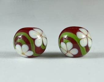 Red with Ivory Flowers - Matching Pair of Lampwork Beads handmade by DKS Lampwork