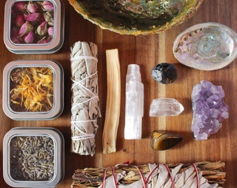 Deluxe Starter Set- Herbs and Crystals Set Smudge Bundles Healing Set Raw Beginner Kit Natural Crystals and Stones Amethyst Crystal Decor
