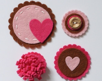 Felt Card Toppers - Baby pink, Hot pink & Chocolate Brown, Scrapbook Kit, Card Making Kit, Felt Scrapbook Embellishments, Handmade Craft Kit