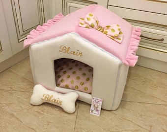 Ivory and pink dog house with golden polka dot accents Designer pet house in pink Princess dog bed Cat bed Custom made dog bed Puppy house