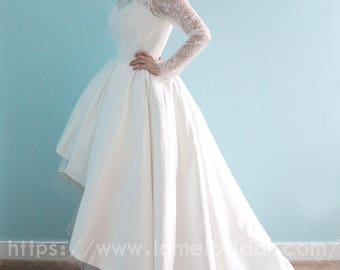 Long sleeve White Lace Dress, knee length Short Front Long Back wedding Dress, Illusion neckline Lace flower wedding party lace dress