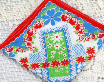 Vintage Hankie Bright Red, Green, Blue #T-20