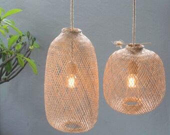 Bamboo Pendant Light - Handmade Wooden Pendant Lamp Hanging Repurposed Fishing Trap Basket, Hanging Natural Woven E27 Boho Rustic Lamp UK US