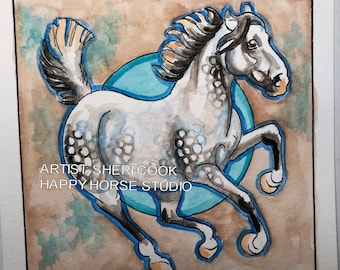 DANCING DAPPLED 02- Watercolor and Ink Dapple Horse Original Watercolor Painting