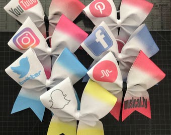 Musical.ly, YouTube, Pinterest, Instagram, Snapchat, Facebook, and Twitter Social Media Sublimated Glitter Cheer Hair Bow