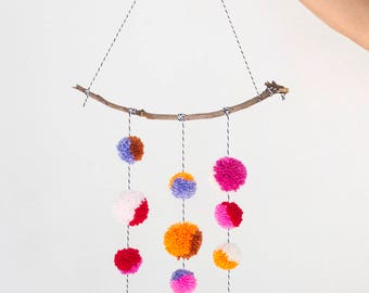 Medium Branch Pom Pom Mobile / Wall Hanging in Pink, Orange, + Purple