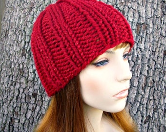 Knit Hat Red Womens Hat - Ribbed Beanie in Metallic Poinsettia Red Knit Hat - Red Hat Red Beanie Womens Accessories Winter Hat