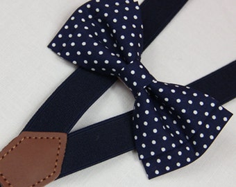 Navy blue white dots bow ties, men bow tie, BOWTIE SUSPENDER SET,wedding bow ties navy blue suspenders,baby/toddler bow tie,boy bow tie