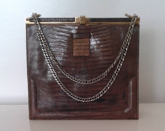 Vintage 1940's Lucille de Paris Brown Genuine Lizard Skin Leather Box Purse Handbag Chain Handle Classic