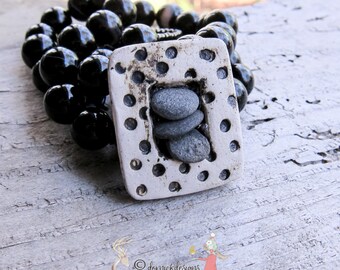 SALE Rock and Roll || Ceramic Rock Pendant | Black Banded Agate Stones | Earthy | Organic | Hand-knotted Necklace | OOAK | Nature Lover