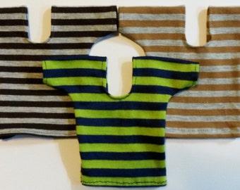 Ken Doll,1/6th or Similar 12" Fashion Male Doll. Stripe T Shirts. Mustard/ Grey, Plum/Grey, Blues/Lime.