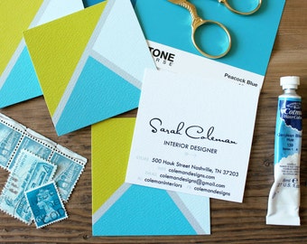 Three Triangle Calling Cards / Business Cards/ Blogger Cards - Set (50) Chartreuse Aqua Turquoise