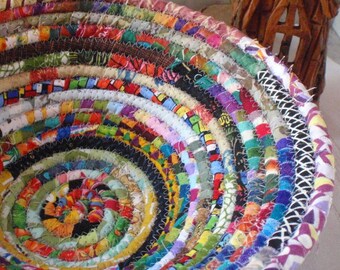 Gypsy - Round Coiled Bohemian Basket, Colorful, Hippie, Boho, Scrappy Basket, Handmade Fabric Bowl