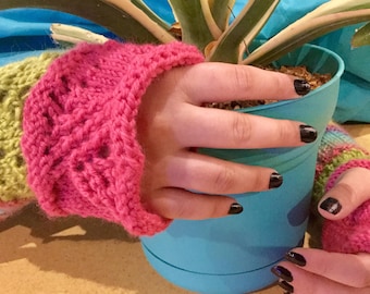 NEW LISTING! Pink and Green Fingerless Gloves