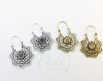 Tribal Brass Mandala Earrings, Flower Earrings, Boho Earrings, Gypsy Earrings, Yoga Earrings, Belly Dance Jewelry, Ethnic Earrings, Geometry