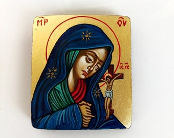 Virgin Mary and Christ handpainted icon, Mourning Madonna Icon, original orthodox miniature 3 1/2 by 3 inches