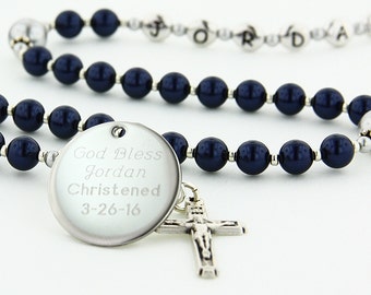 Baptism Boy Rosary, Personalized Rosary, Baptism Gift, Christening Gift, Rosary, Christening Rosary, Dark Blue & Grey Rosary, SweetDBGp