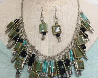 Moss Green and Turquoise Safety Pin Necklace and Earring set