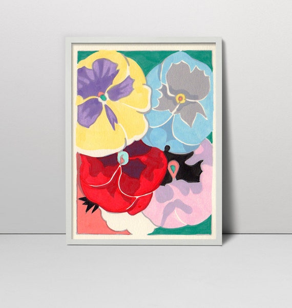 Handmade screen print painting Viola tricolor flower serigraph