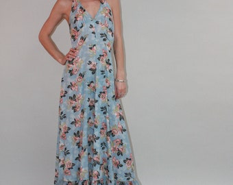 1970s PRAIRIE Hippie Floral Print Halter Maxi Dress SZ Small