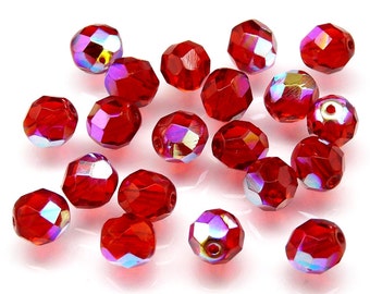 25pcs 8mm Czech Fire-Polished Glass Beads Faceted Round Siam Ruby AB (B494)
