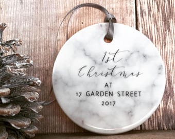 Personalised First Christmas At Address Marble Style Ceramic Decoration Christmas Gift Keepsake Tree Ornament Bauble Decoration