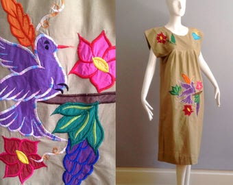 Sale Vintage 70s Bohemian Mexican Embroidered Patchwork Dress ~ Artisan Hippie Cotton Caftan ~ Ethnic Summer Maxi ~ Vacation Beach Cover