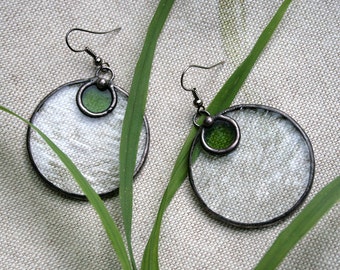 Statement earrings, Unique handcrafted, Green Clear Stained Glass, Boho Style, Big Boho Earrings, Circle earrings,