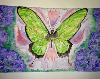 Original Green Butterfly Watercolor Painting on 12x18 Cold Press 140lb Paper. Non Yellowing Acid Free Protection. Green Purple Wall Art.