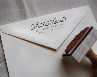 Custom Hand Written Calligraphy Stamp, Return Address, Wood Mounted Rubber Stamp with Handle or Self-Inking, Celeste Style