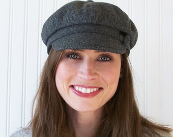 Gray Wool Herringbone Newsboy Cap, Womens Newsboy Hat, Womens Hat, M