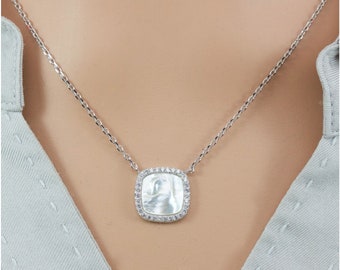 Mother-of-Pearl with Fine Quality Cubic Zirconia Sterling Silver Necklace, Anniversary Gift, Birthday Gift