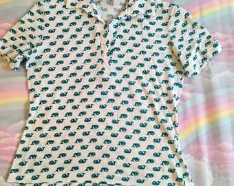 Vintage Swing Time Novelty Whale Print Short Sleeve Shirt White and Turquoise