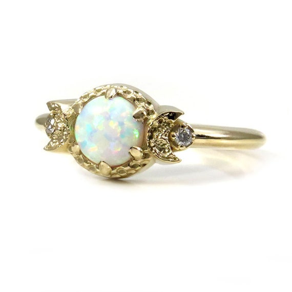 Lab Opal Moon Ring - Triple Moon Goddess Engagement Ring - Pick Your Side Stones