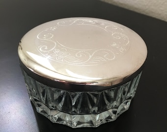 Vintage Vanity Jar with Silver Etched Lid, Glass Vanity Jar with Silver Lid, Vintage Dresser Dish