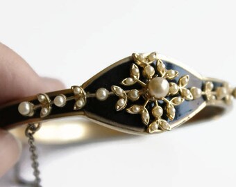 Vintage Black Enamel with Faux Pearls Hinged Bracelet, Victorian Revival Costume Jewelry, Circa 1930's