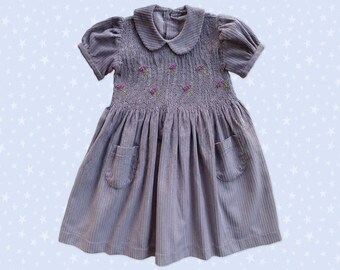 Dress child embroidery smocked purple corduroy